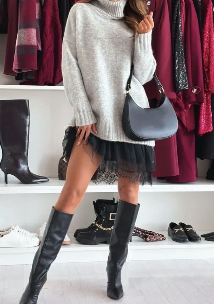 Vestiti: Twin-set pull et robe bas dentelle, gris, chiné et noir M – Nuovo e nell'imballaggio originale da Genève venduto da Libellule477