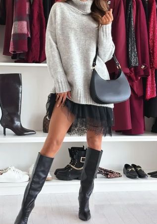 Twin-set pull et robe bas dentelle, gris, chiné noir M tall
