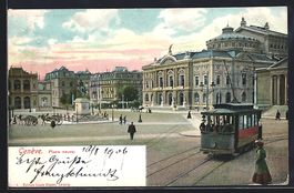 AK Geneve, Place neuve, Strassenbahn