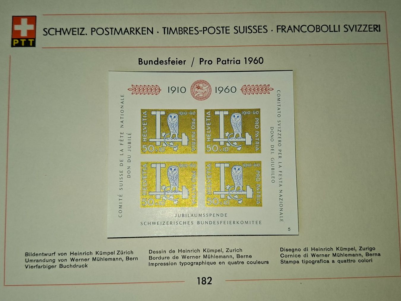 Tutti i francobolli: PP060 - Feuillet PTT Pro Patria 1960 Eulenblock – Usato da Trélex venduto da Phil_Albert