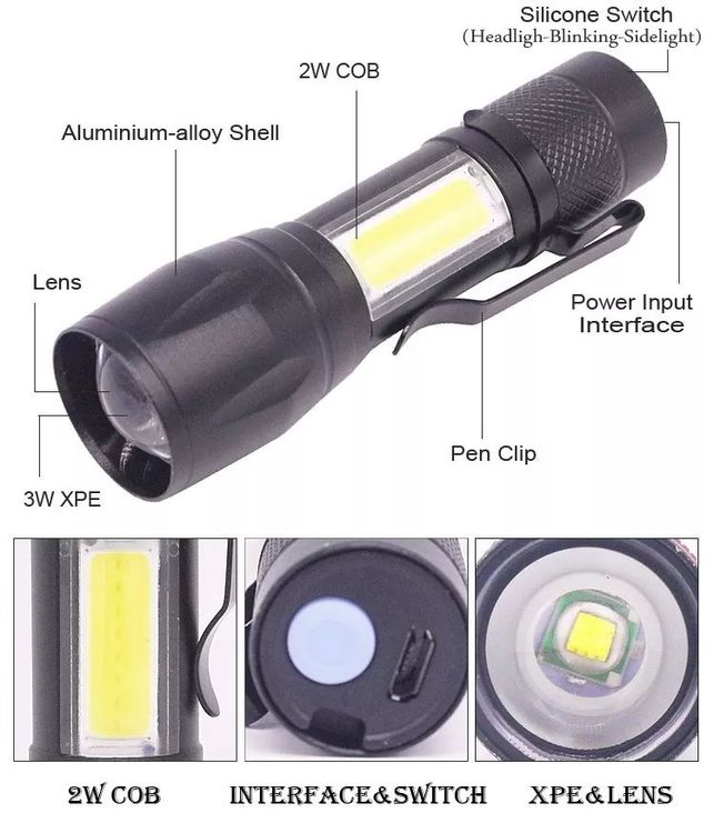 3x Mini LED Taschenlampe COB Laterne Wasserdicht USB 2000lm 9