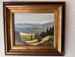 Huile sur toile - Paysage vallonné - Batteu