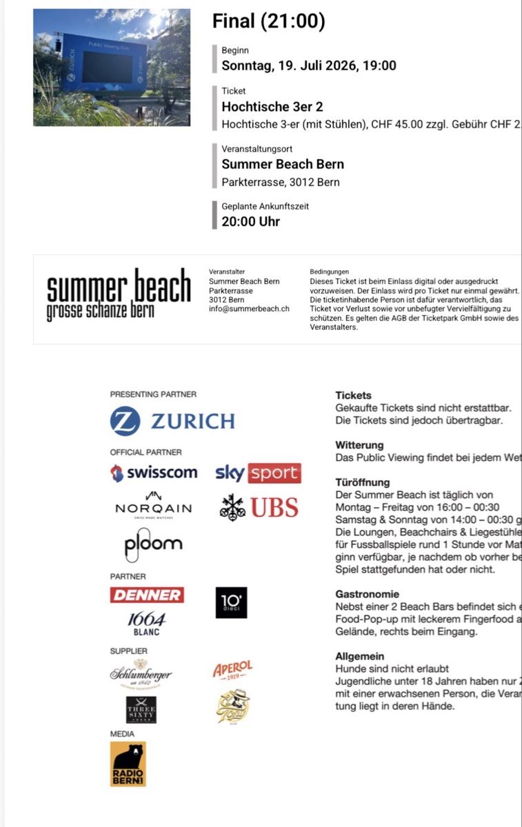 Tickets: Ticket Summer Beach Bern 19.07.2026 Hochtisch – Neu (gemäss Beschreibung) aus Gwatt (Thun) von ocp_yk6y
