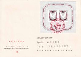 1945, Basler-Taube-Block Nr. W23, auf FDC nach LES BREULEUX