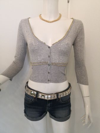 🤩MANGO STRICK-JACKE GRAU GERILLT STRICK-MUSTER & GOLD-BORD