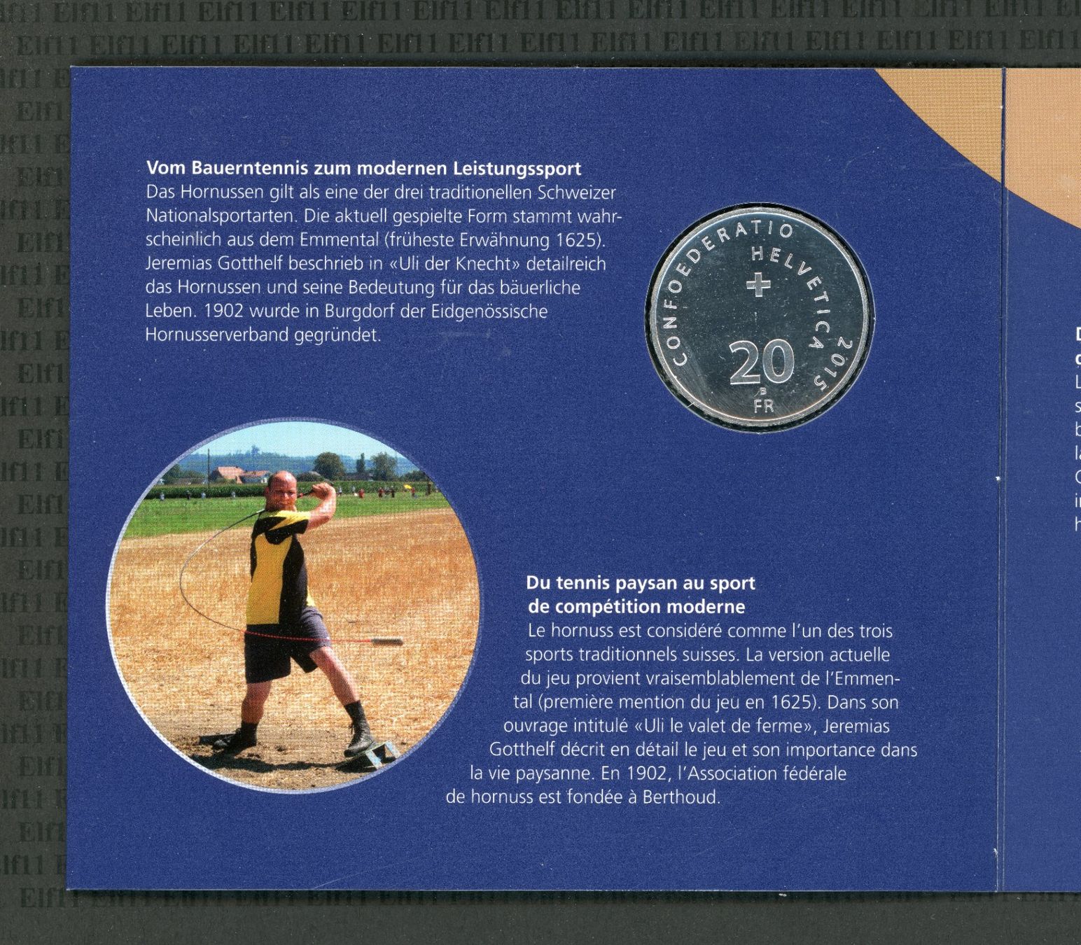 Tutti le monete: CHF__20.00 2015 Hornussen im Folder stgl 20 Franken – Nuovo e nell'imballaggio originale da Widnau venduto da Elf11 3