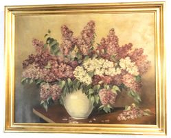 sehr schönes Blumen Oelbild, Flieder in Vase, signiert