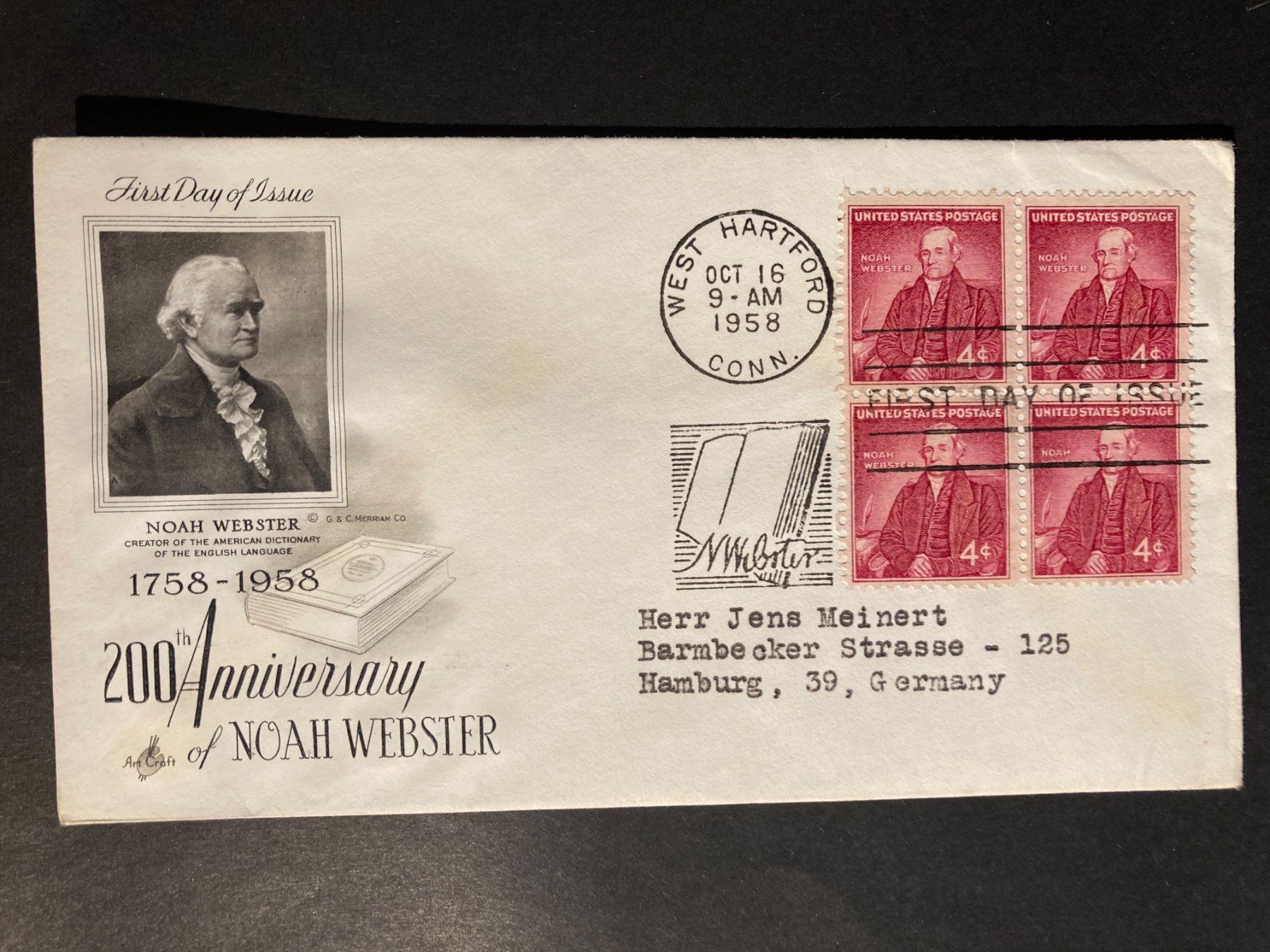 Tutti i francobolli: USA 1958 illustrierter FDC 4x4c Noah Webster – Usato da Liestal venduto da schnueps