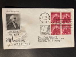 USA 1958 illustrierter FDC 4x4c Noah Webster