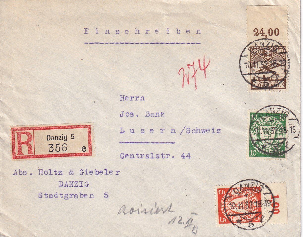 Alle Briefmarken: R - Brief Danzig - Luzern 1932 – Gebraucht aus Baar von Asmara111