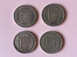 4 pieces 5 CHF coins 1931-1932-1933-1934