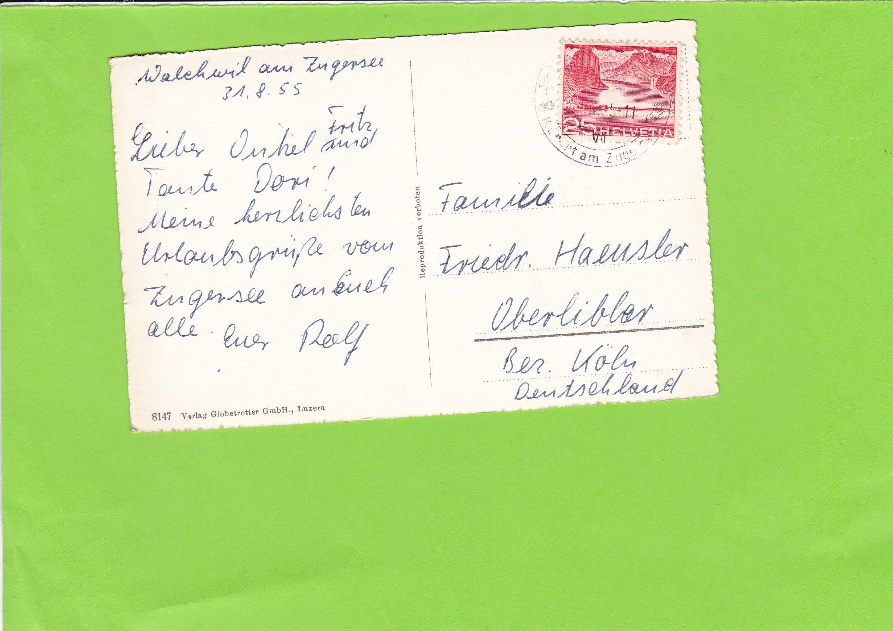 Cartoline postali: Walchwil--1955 versendet – Usato da St. Peterzell venduto da neckertal 1