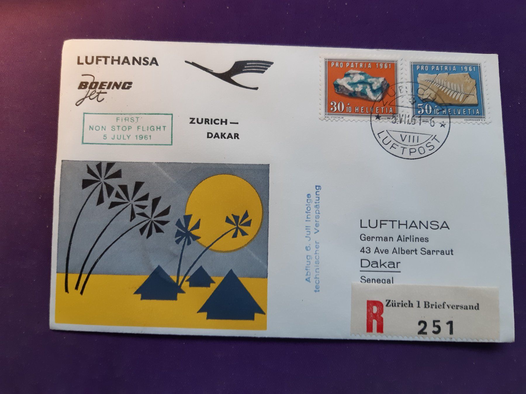 Tutti i francobolli: Flugbrief, First Non Stop flight Zürich - DAKAR 5.Juli 1961 – Usato da Wangs venduto da weisstannen01