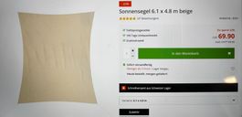 Sonnensegel rechteckig beige 6.1 x 4.8 m neuwertig