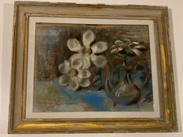 Stilleben Pastell Gemälde signiert mit Blumen und Kanne