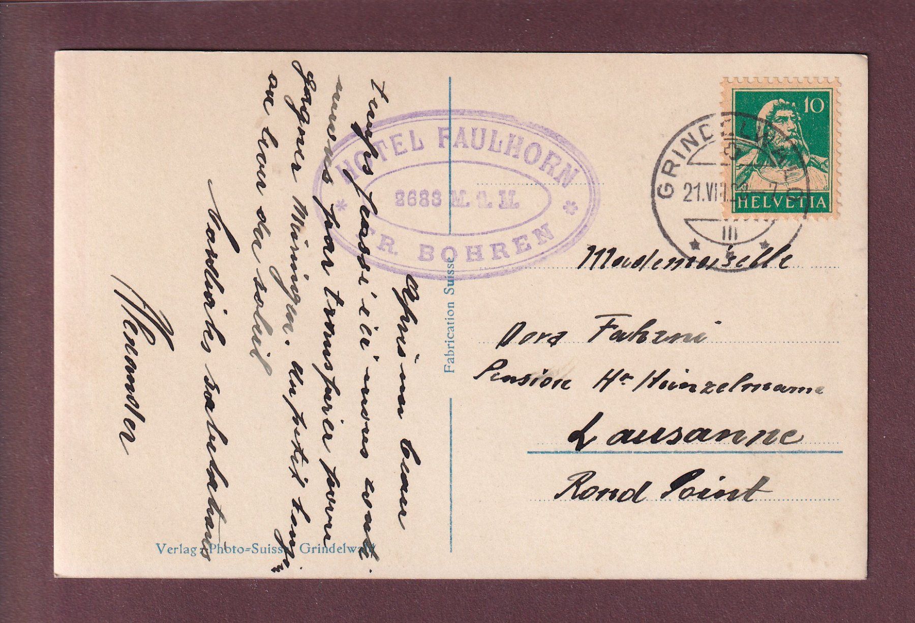 Cartes postales: Hotel FAULHORN - 1928 – D'occasion à Pully par nicecards 1