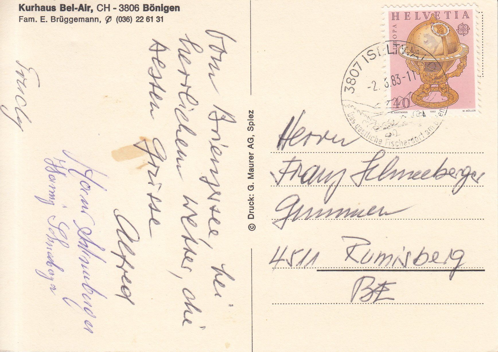 Cartoline postali: Bönigen Bel-Air 1983 – Usato da Bürglen TG venduto da StampGraf 1