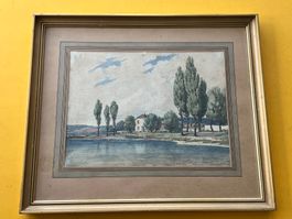 Aquarell 19. Jahrhundert Landschaft am Wasser Genf
