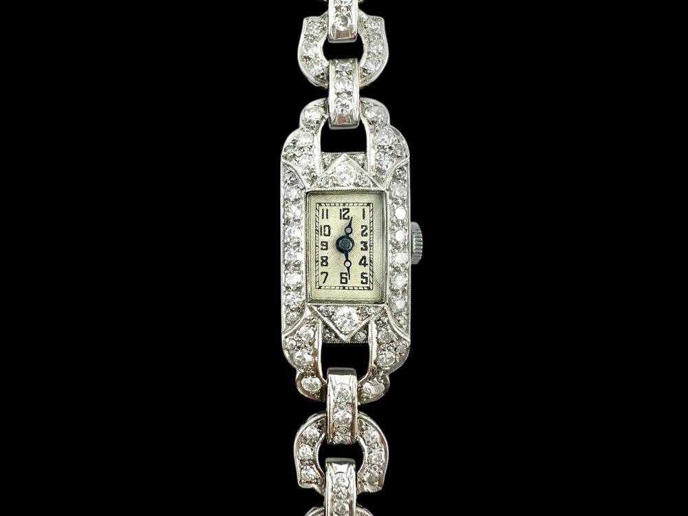 Art Déco, Platin Diamant Armbanduhr, um 1930 (Gebraucht) in