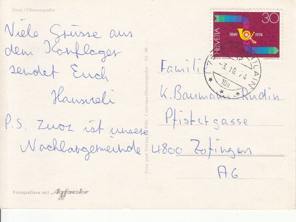 Cartoline postali: Zuoz 1974 – Usato da Bürglen TG venduto da StampGraf 1