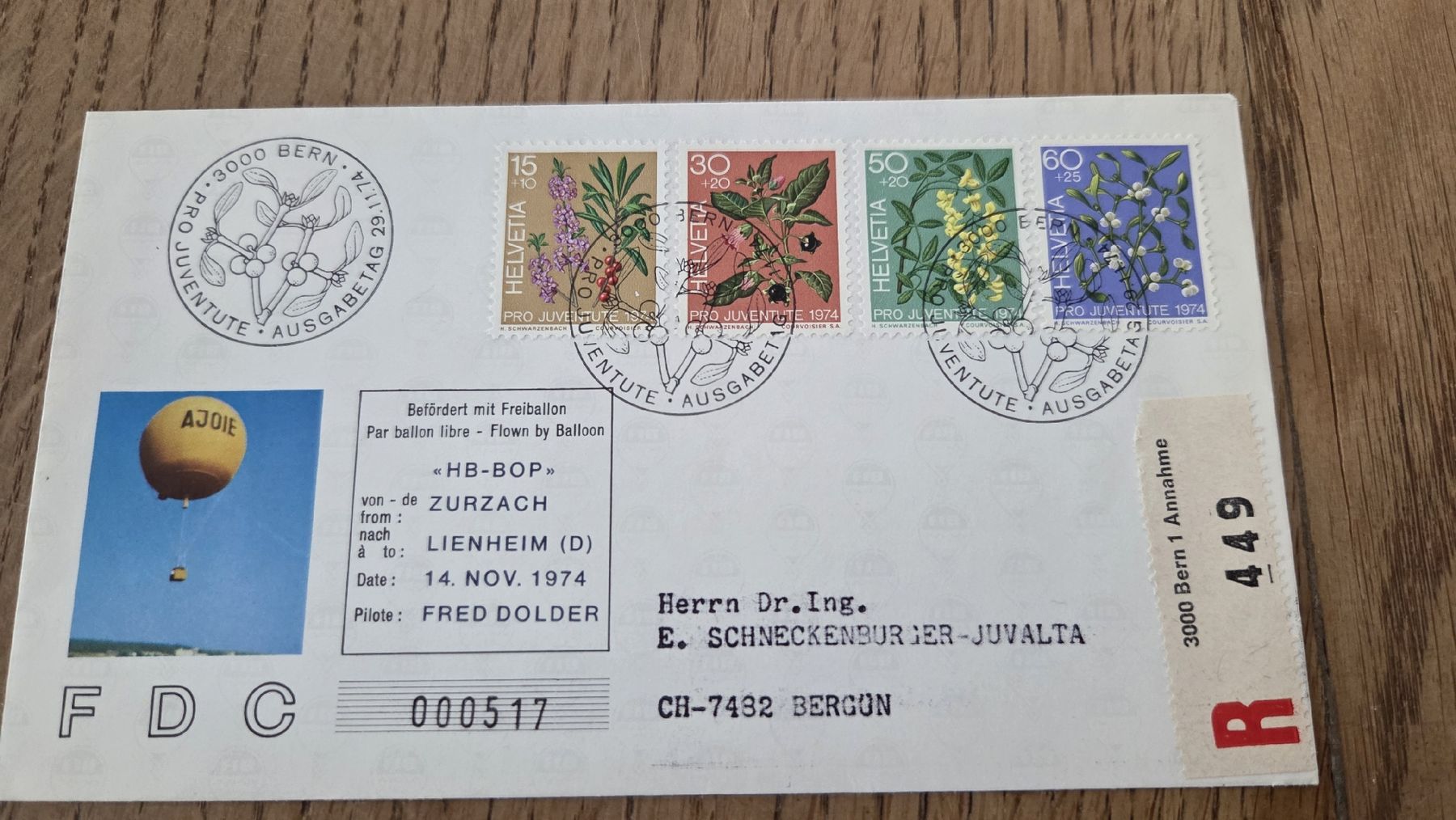 Alle Briefmarken: 1974 Ballonflug FDC  Pro Juventute  – Gebraucht aus Arni AG von Moth68