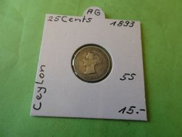 Ceylon 1893, 25 Cents    Silber