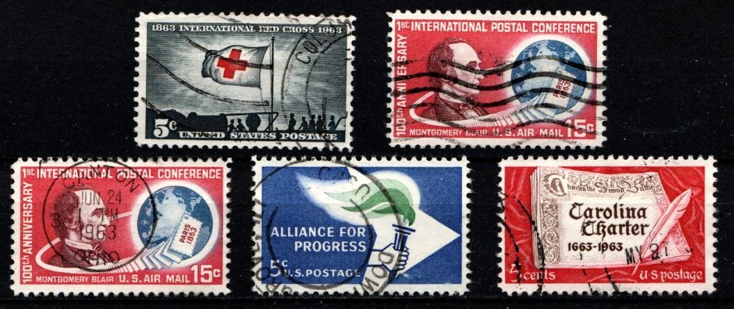 Tutti i francobolli: 5 Timbres Amérique - USA 1963-  Obl. – Usato da Blonay venduto da Leglaude_01