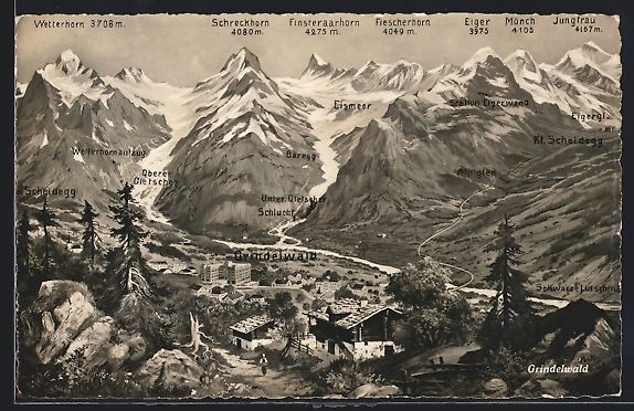 Cartoline postali: Grindelwald, Gesamtansicht mit Gipfelpan – Usato da Berlin venduto da bartko-reher