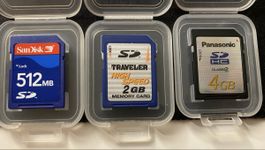 SD Karten SanDisk 512MB, Traveler 2GB, Panasonic 4GB