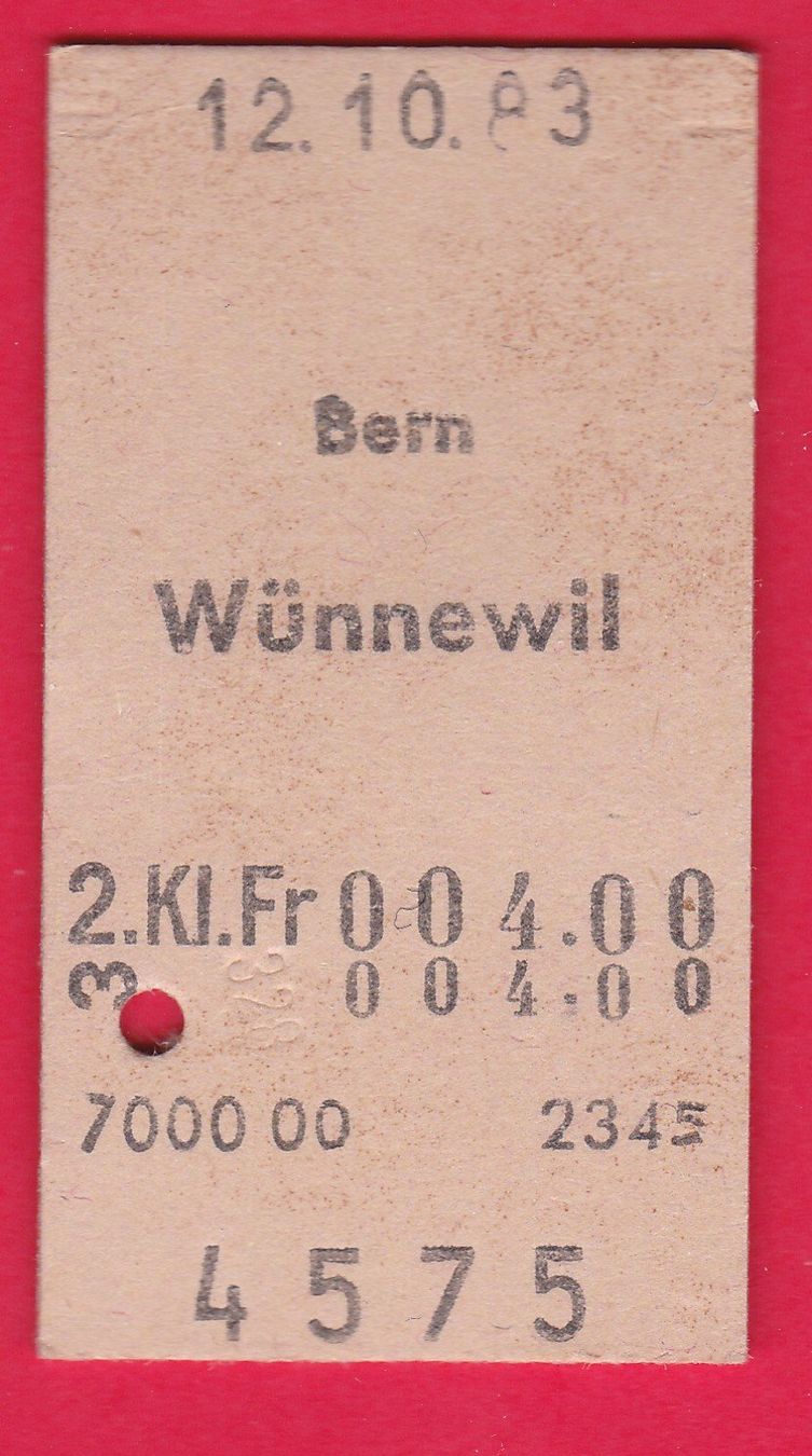 Biglietti: KARTON BILLETT, BERN . WÜNNEWIL, 2.KLASSE, EINFACH, 1983 – Usato da Oberrieden venduto da Gebirgsstelze