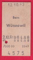 KARTON BILLETT, BERN . WÜNNEWIL, 2.KLASSE, EINFACH, 1983
