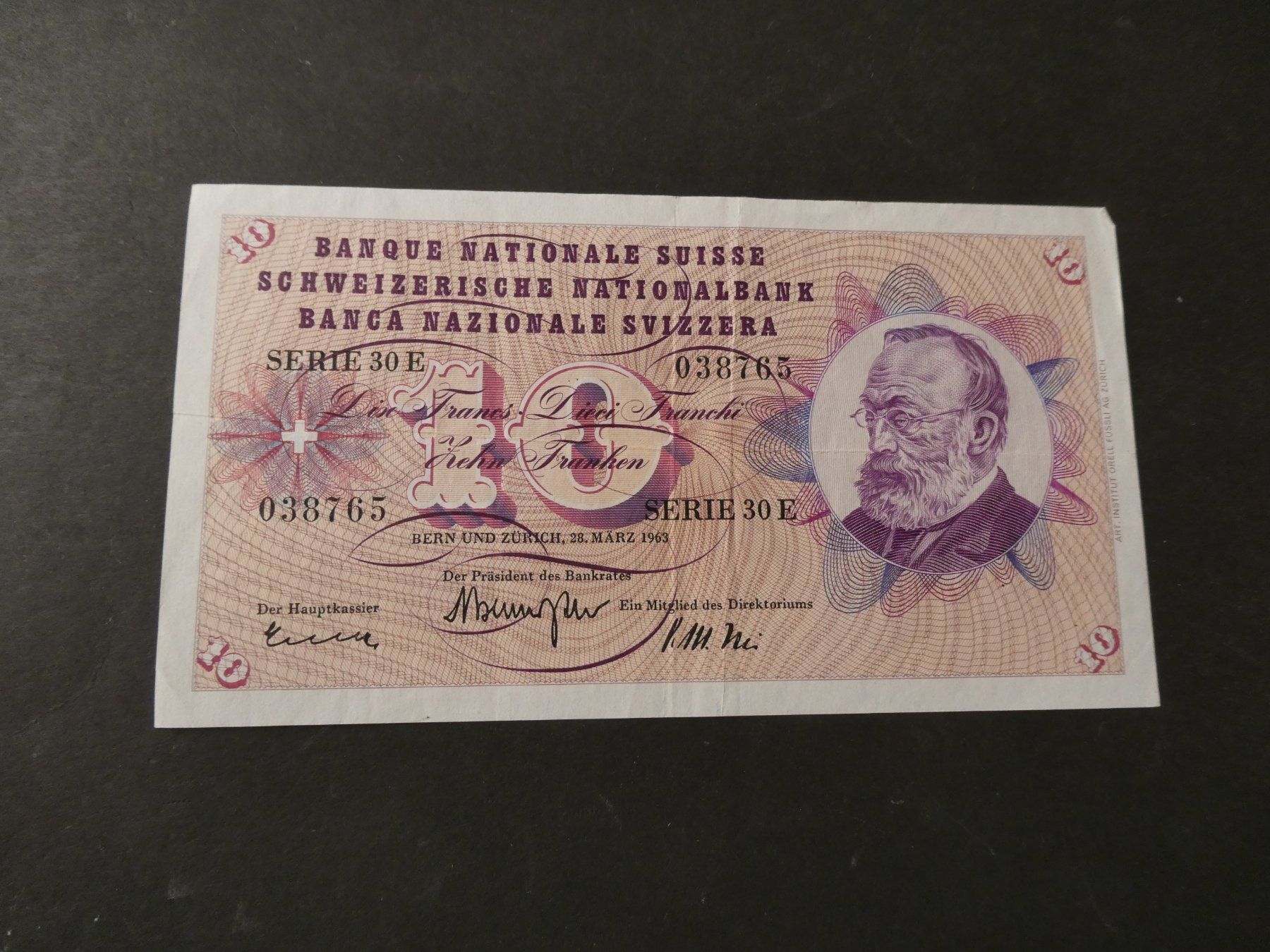 Banknoten: Schweiz 1963, 10 Franken – Gebraucht aus Hinterforst von Rohusri