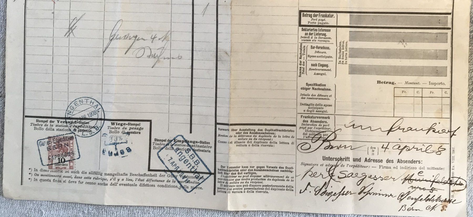 SBB/CFF/FFS Documenti: HISTORISCHE DOKUMENT SCHWEIZER BUNDESBAHNEN 1908 – Usato da Ostermundigen venduto da wini63 4