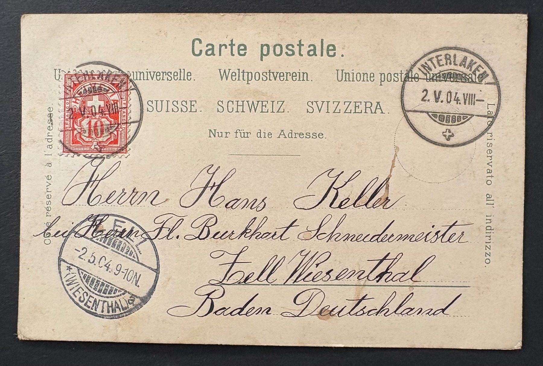 Cartoline postali: ANSICHTSKARTE HÖHENWEG INTERLAKEN 1904 – Usato da Ostermundigen venduto da Wyatt-Earp 1
