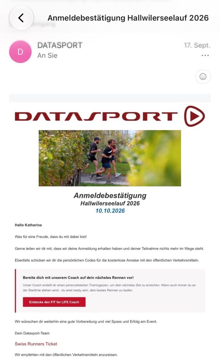 Billets: Startplatz Hallwilerseelauf 2026 – Neuf avec emballage d'origine à Suhr par vio_2jvb