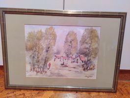 Aquarell – Dorfstrasse mit Bäumen
