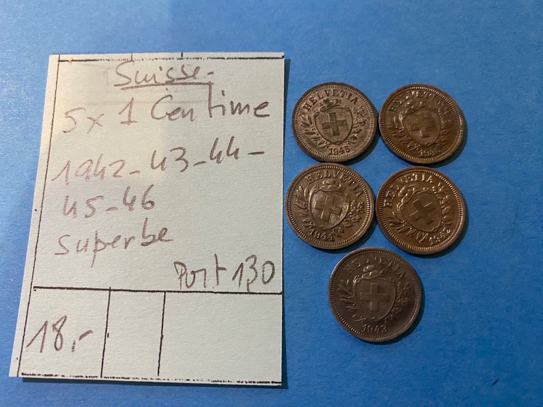 Alle Münzen: 3 X 1 CENTIME 1942-43-44-45-46 – Gebraucht aus genève von GEnumist