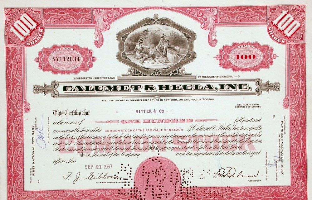 Documenti: Calumet & Hecla Inc. - 1965 – Usato da Solothurn venduto da Sgasche