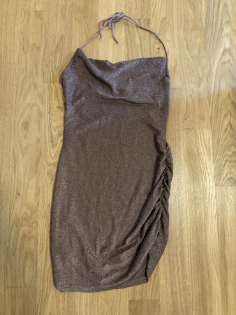 Damen Kleid glitzernd Neckholder gerafft braun Grösse S