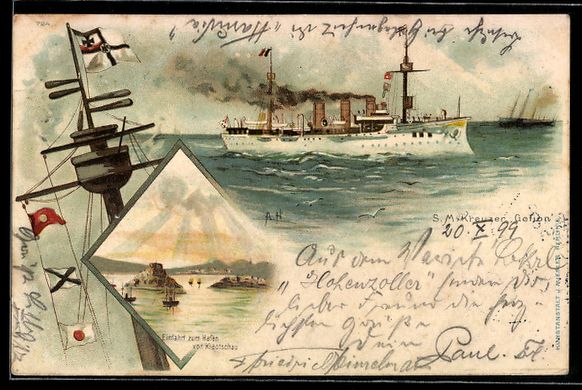 Cartoline postali: A. Heide: Kiaotschau, Einfahrt zum Hafen – Usato da Berlin venduto da bartko-reher