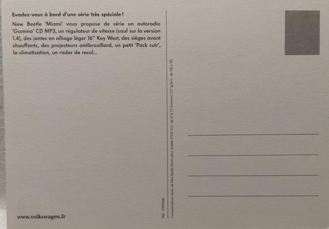 Cartoline postali: VW   NEW   BEETLE   "MIAMI"   -   carte du concessionnaire – Usato da Delémont venduto da Domdom1 1