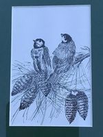 Tableau aux 2 oiseaux entourés de pives. 