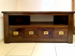 Dark Wood TV Stand with 4 Drawers and Brass Handles
