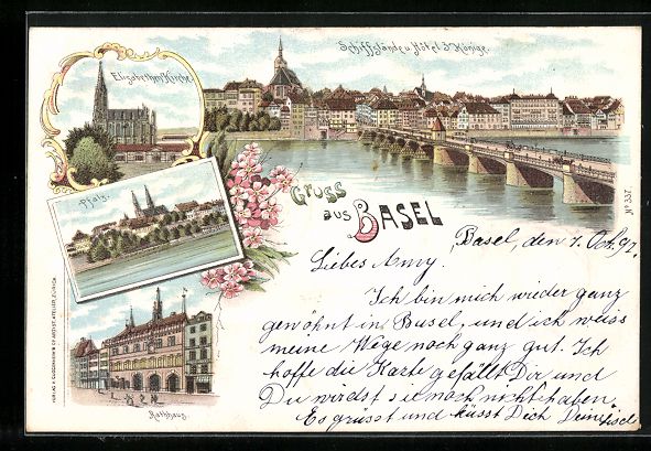 Ansichtskarten: Litho Basel, Schiffslände u. Hotel 3 K – Gebraucht aus Berlin von bartko-reher