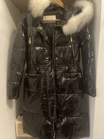 Winter Coat: Black Shiny Puffer with Fur Hood - Size S