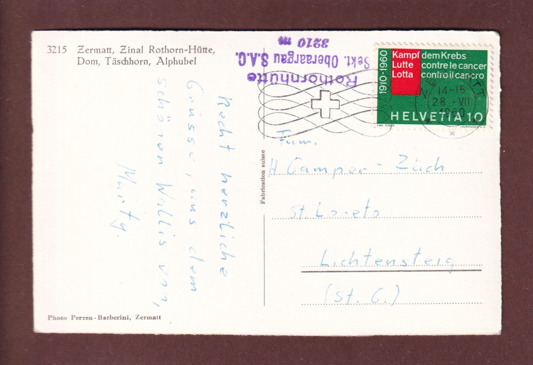 Cartoline postali: ZINAL ROTHORN-HÜTTE - 1960 – Usato da Pully venduto da nicecards 1
