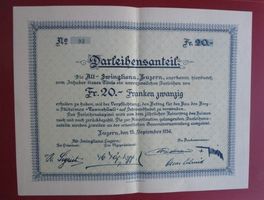 Darlehensanteil Alt-Zwingliana Luzern 20 Franken 1936