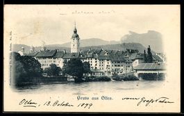 AK Olten, Ortsansicht am Fluss mit Kirche und Brücke