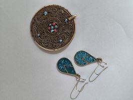Schmuckset Anhänger und Ohrringe mit Türkis Einlagen