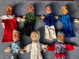 7 alte Kasperlifiguren, Handpuppen, Holz, speziell, selten